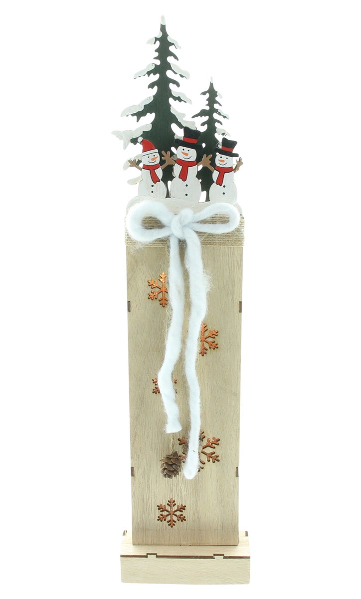 FRANK FLECHTWAREN | LED-zuil Sneeuwpoppen in het bos, 11 x 7 x 46 cm, HOUT, JUTE, WOL,