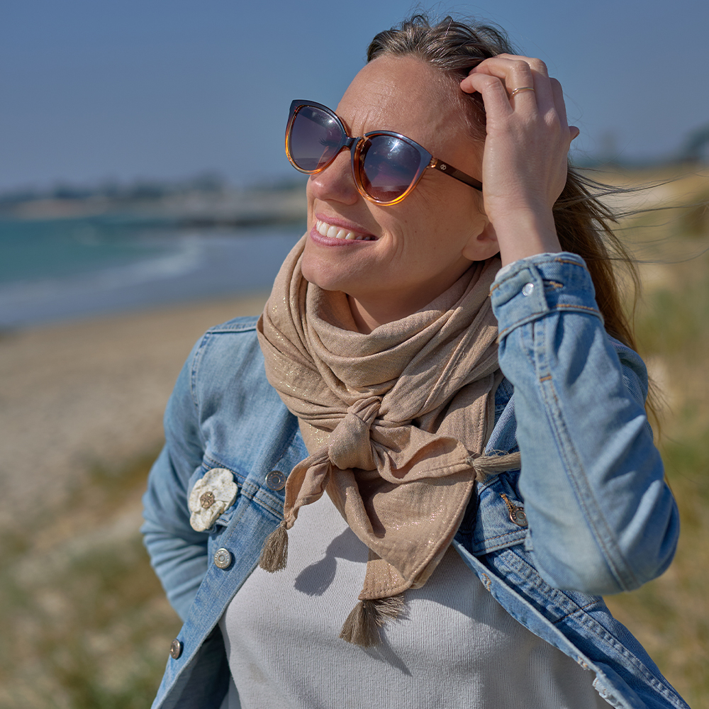 Foulard Pompon Gaze Pailletée Camel