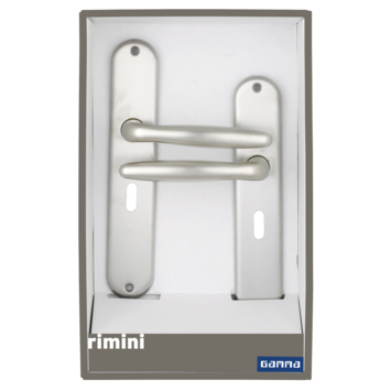 Gamma deurkruk set Rimini ovaal schild sleutelgat 56 mm RVS look messing
