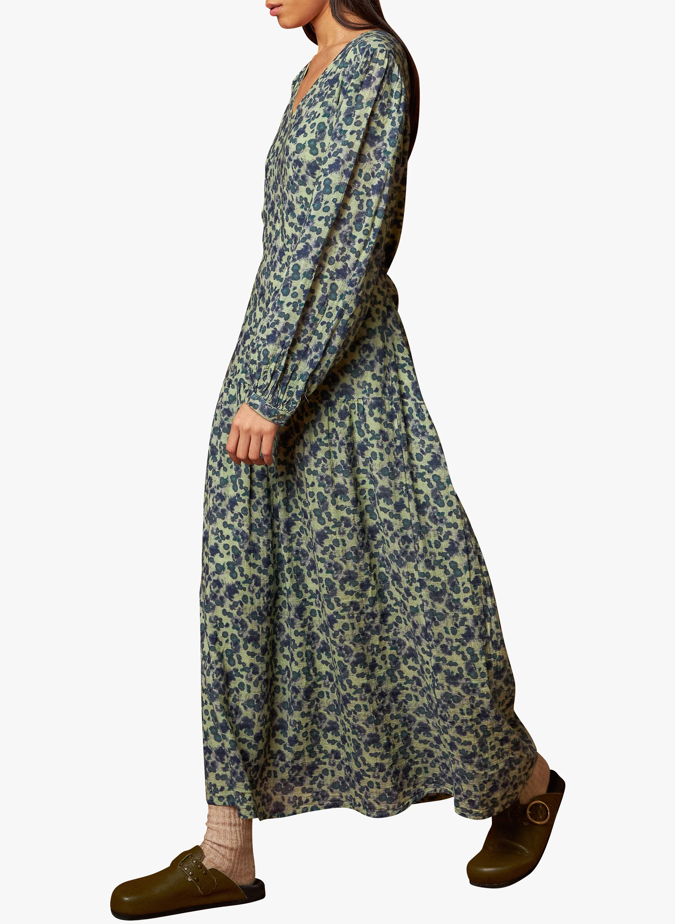 Robe longue col V en coton bio imprimée | Vert