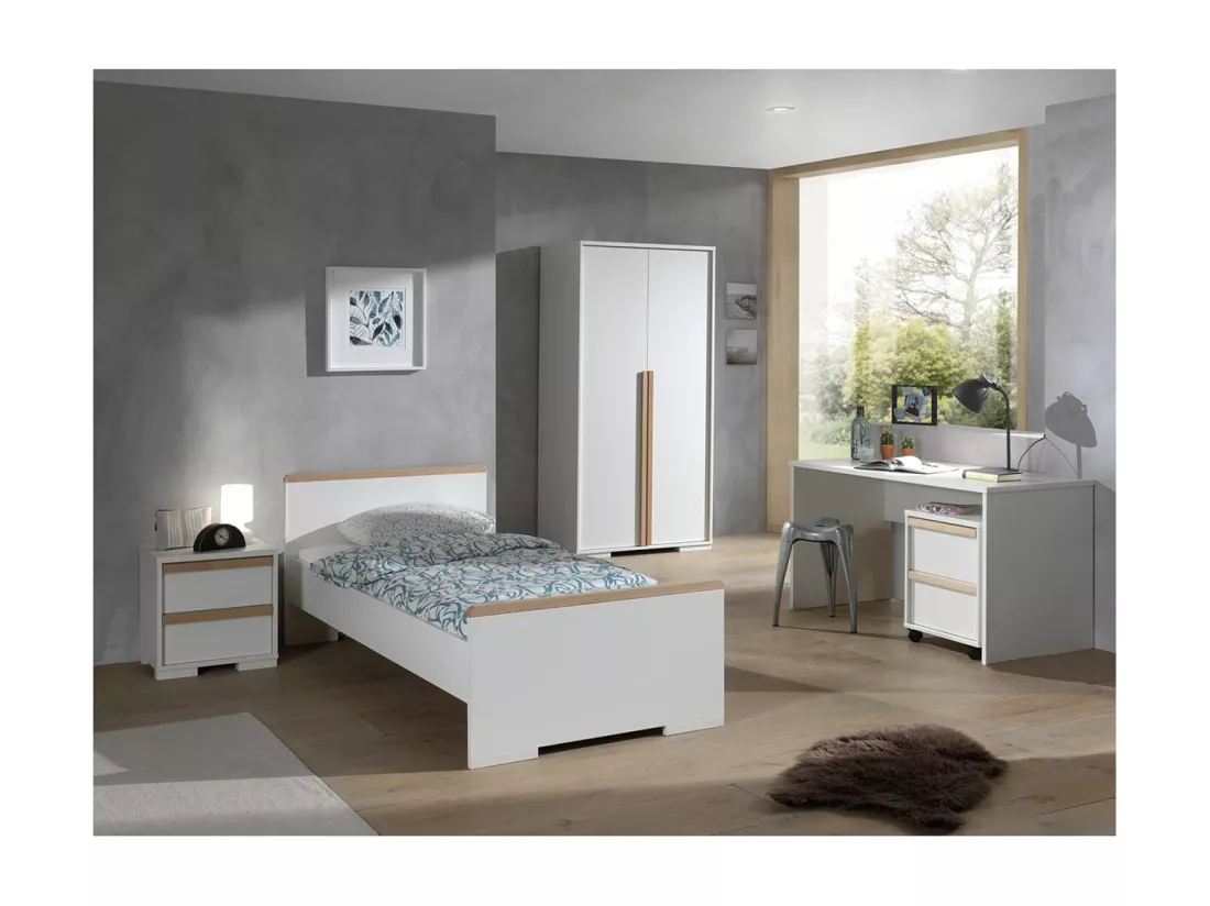 NASH WHITE - Lit 90x200cm + Chevet + Armoire 2P + Bureau + Caisson
