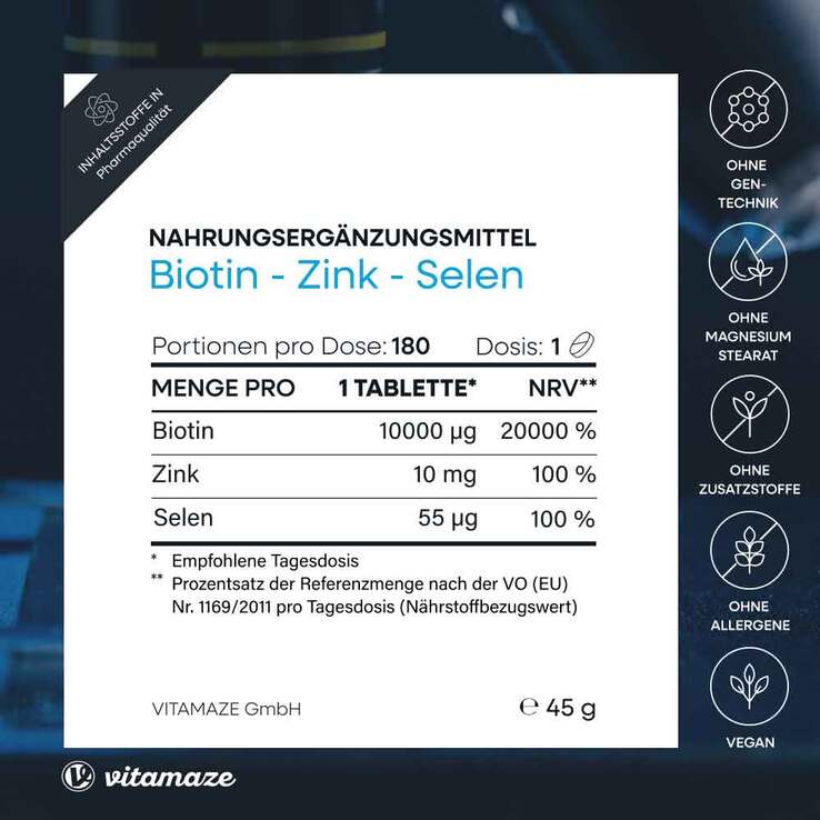 Biotin 10 mg hochdosiert + Zink + Selen Tabletten, 180 St