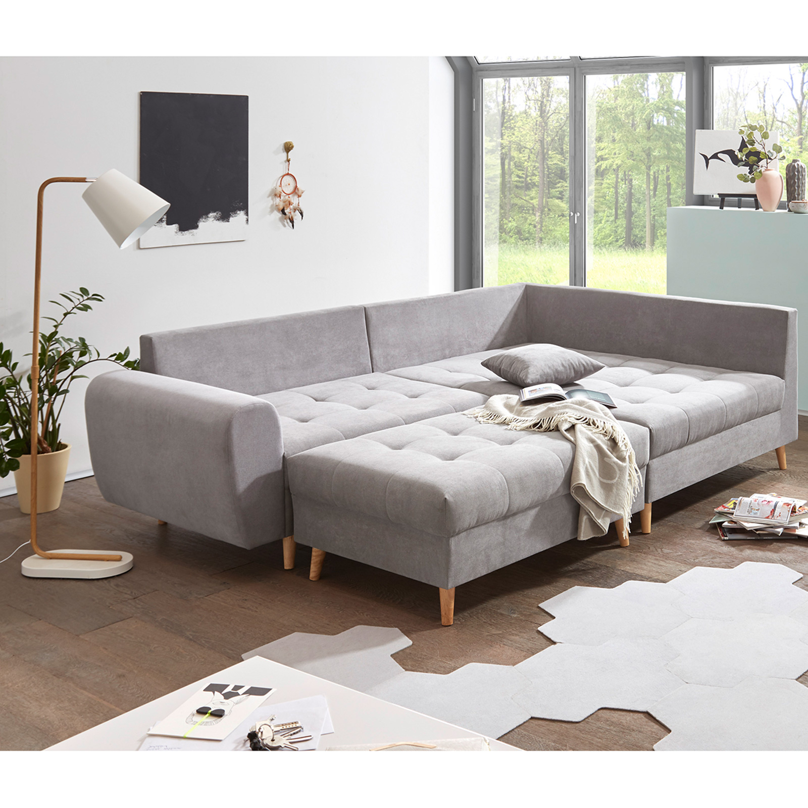 Eckgarnitur - light grey - Recamiere rechts - mit Hocker