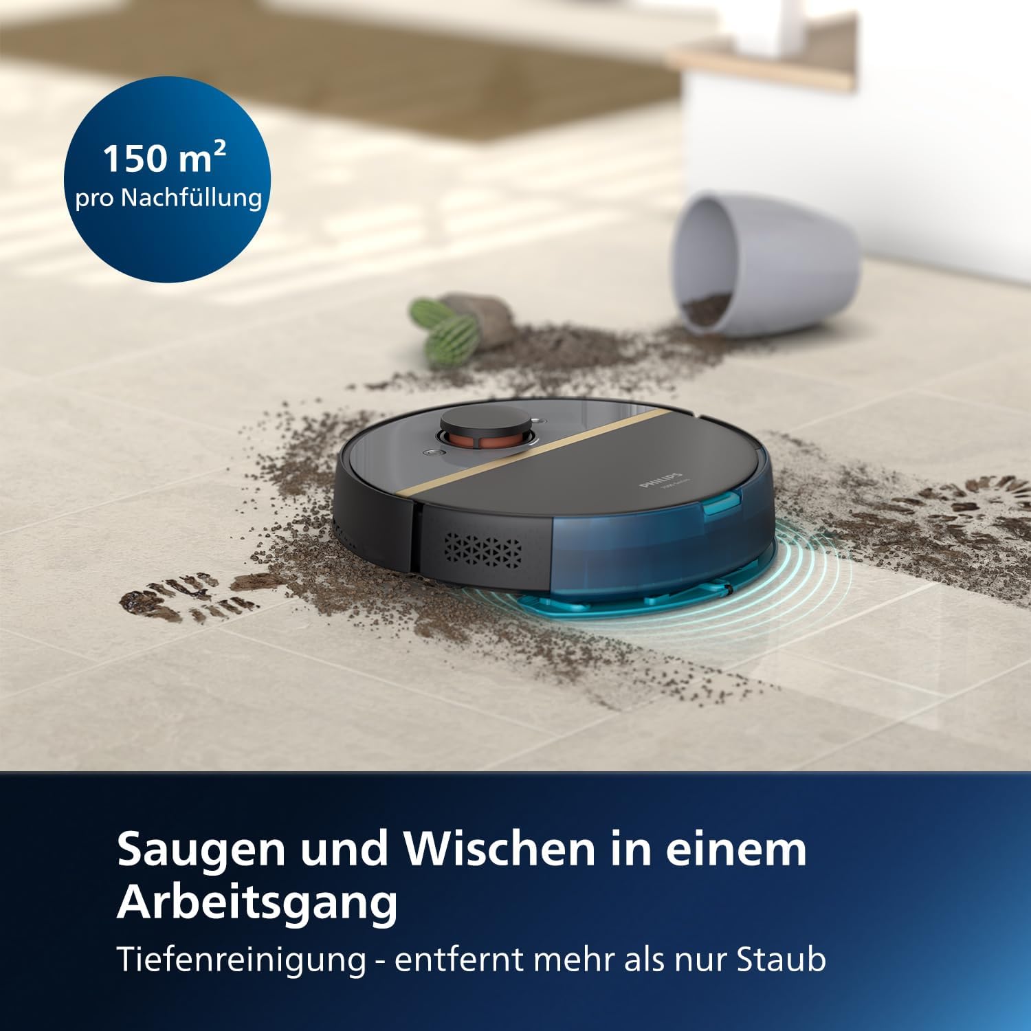 Philips HomeRun 7000 Serie Roboter-Staubsauger und Wischmopp–Ultra-starke 5000 Pa Saugleistung, Automatische Entleerungsstation, Vibrationsmopp, 180 Min Laufzeit, Intelligente App-Steuerung(XU7100/01)