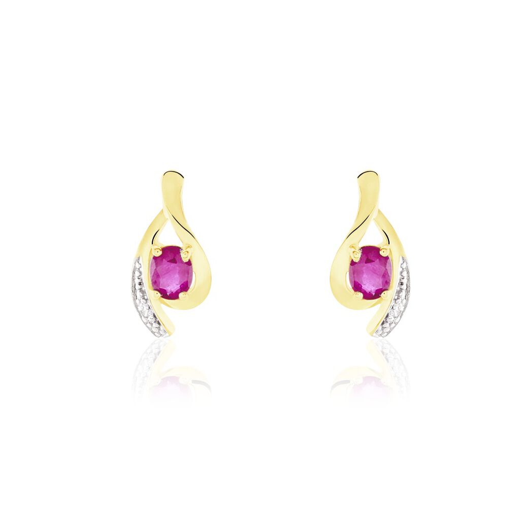 Boucles D'oreilles Puces Sagesse Or Jaune Rubis Et Diamant