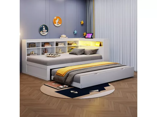 Canapé-lit en bois massif 90x200 cm - avec lit gigogne - avec prise USB + et éclairage LED - avec compartiment de rangement - blanc (sans matelas)