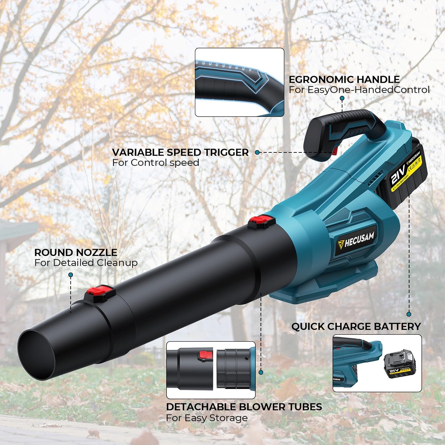 Akku-Laubbläser, Hecusam Laubbläser Für Makita 18v Akkus, Bürstenloser Motor mit 2 Batterien, 288 km/h & 800 m³/h, Ladegerät, Akku Gebläse Mit 3 Blasdüsen für Gartenpflege/Staub/Laub