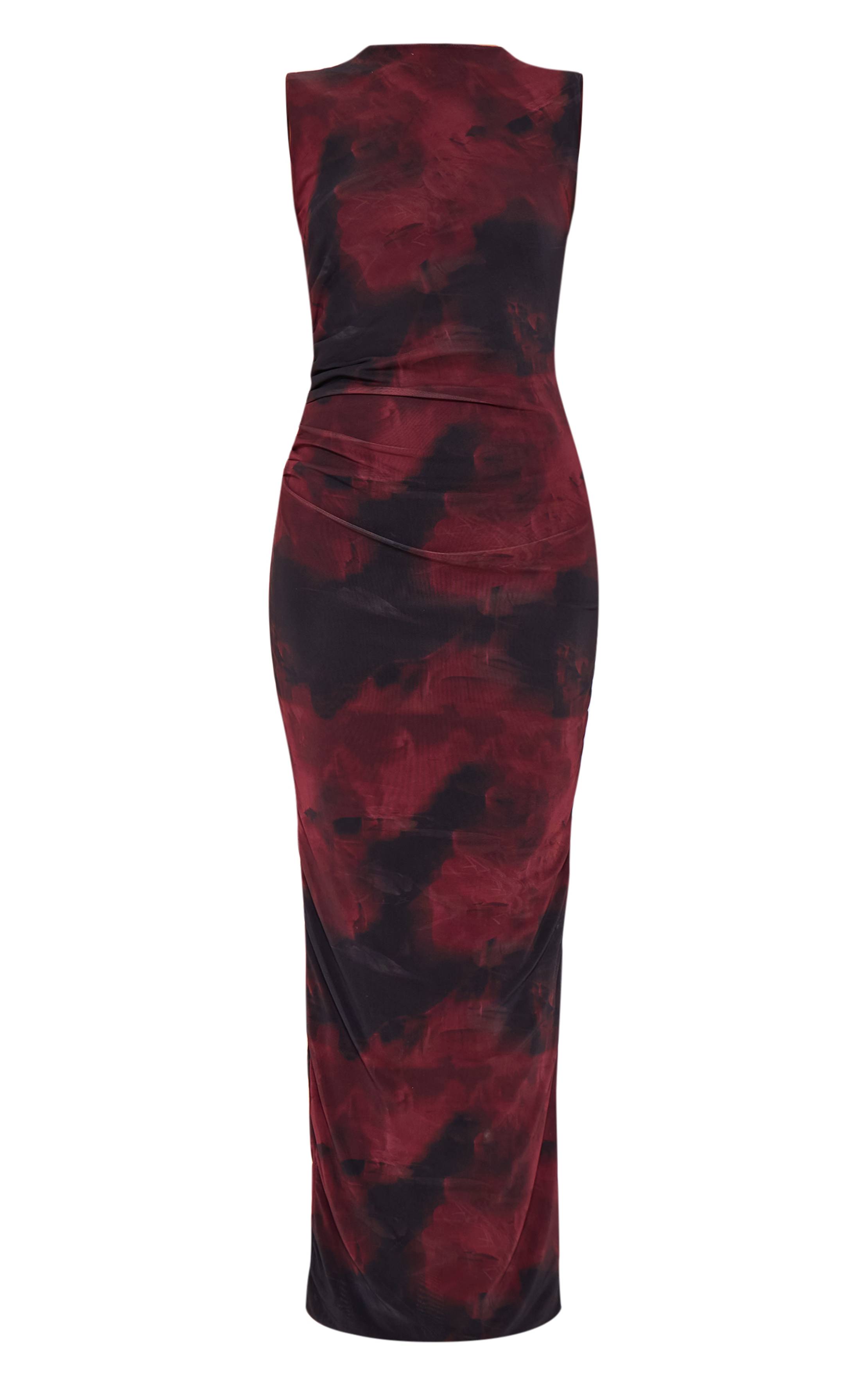 Rouge Bordeaux Robe Longue Moulante En Mesh À Imprimé Floral