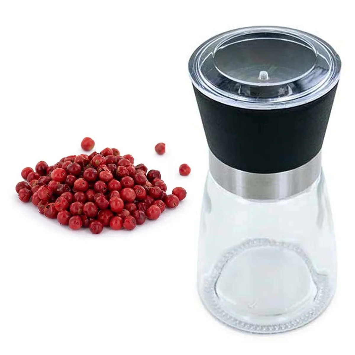 Moulin à épices en verre et céramique + baies rose de Madagascar Aroma