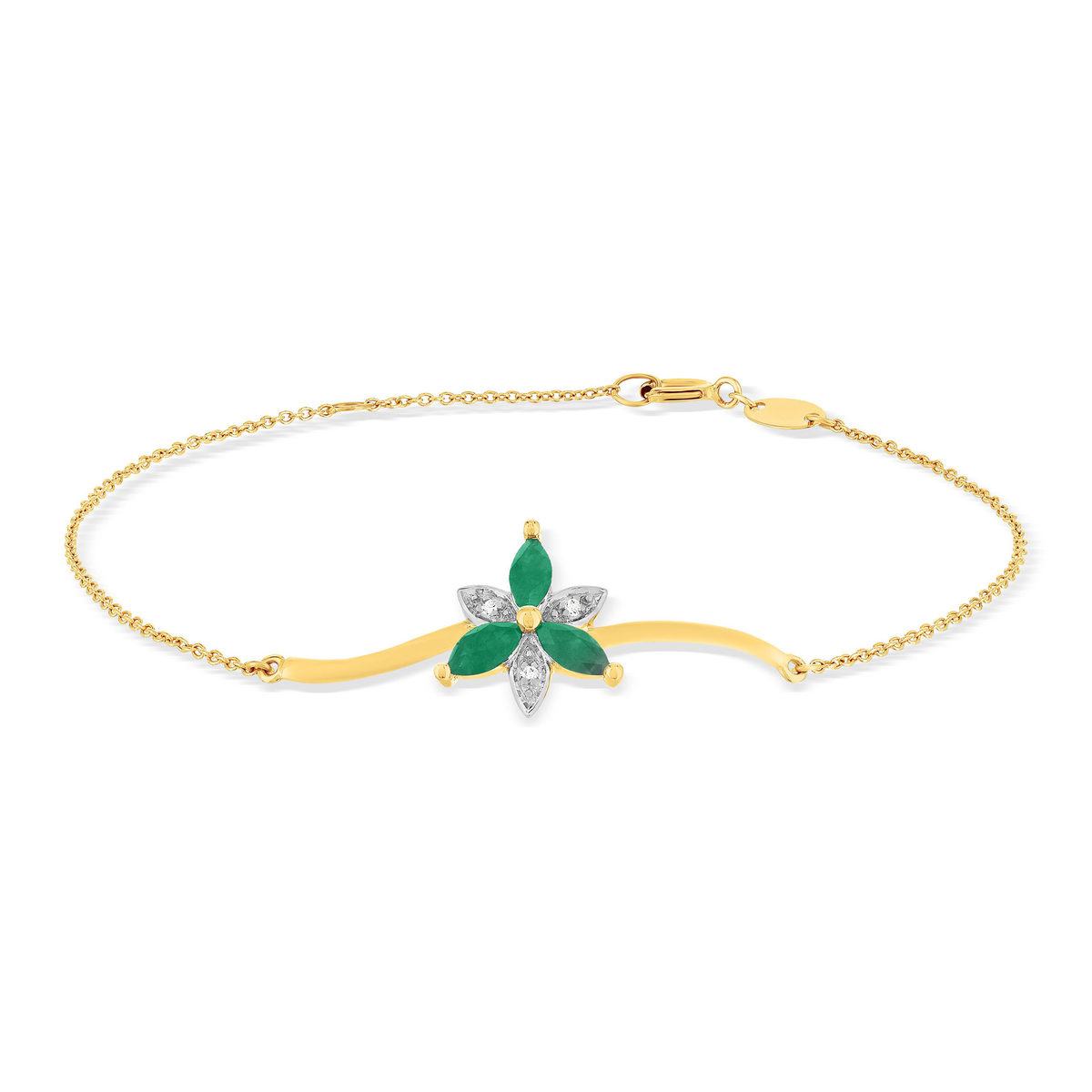 Bracelet or 375 2tons fleur émeraudes et diamants 18cm