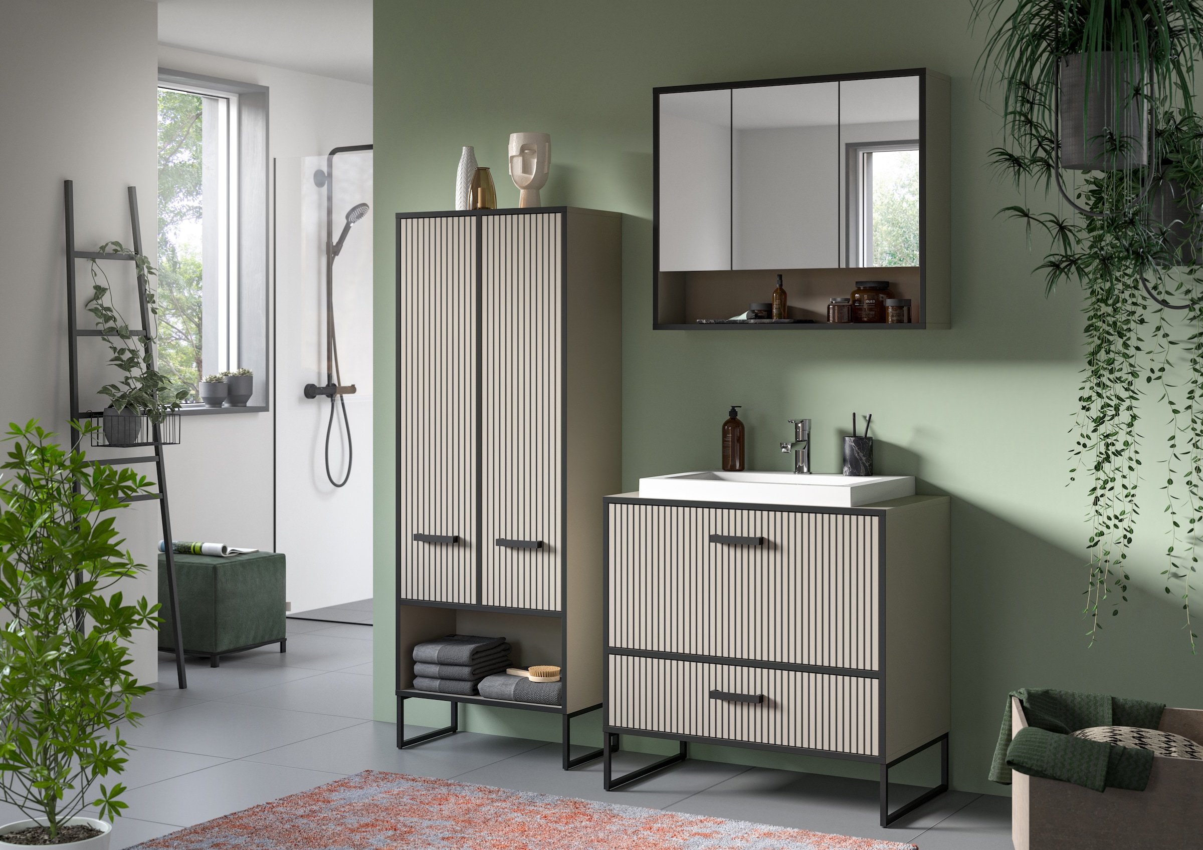 welltime Hochschrank »Locri, Höhe 159 cm, Rillenoptik, Metallkufen« 1 Stk. tlg. variable Einlegeböden, modernes Design, Badschrank, Bad