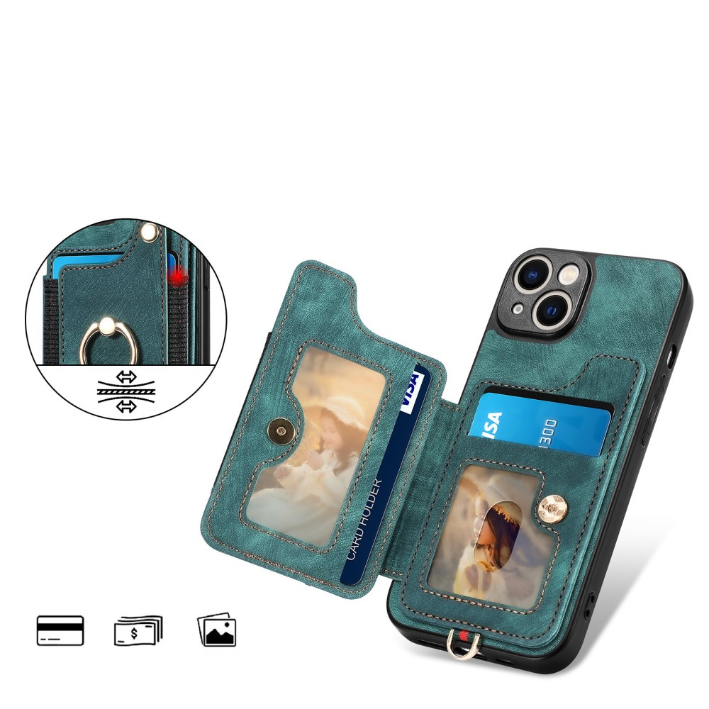 iPhone 14 Necklace Leder Hülle mit Kartenfächer   Finger Griff Halterung   Handykette (RFID Schutz) - Grün