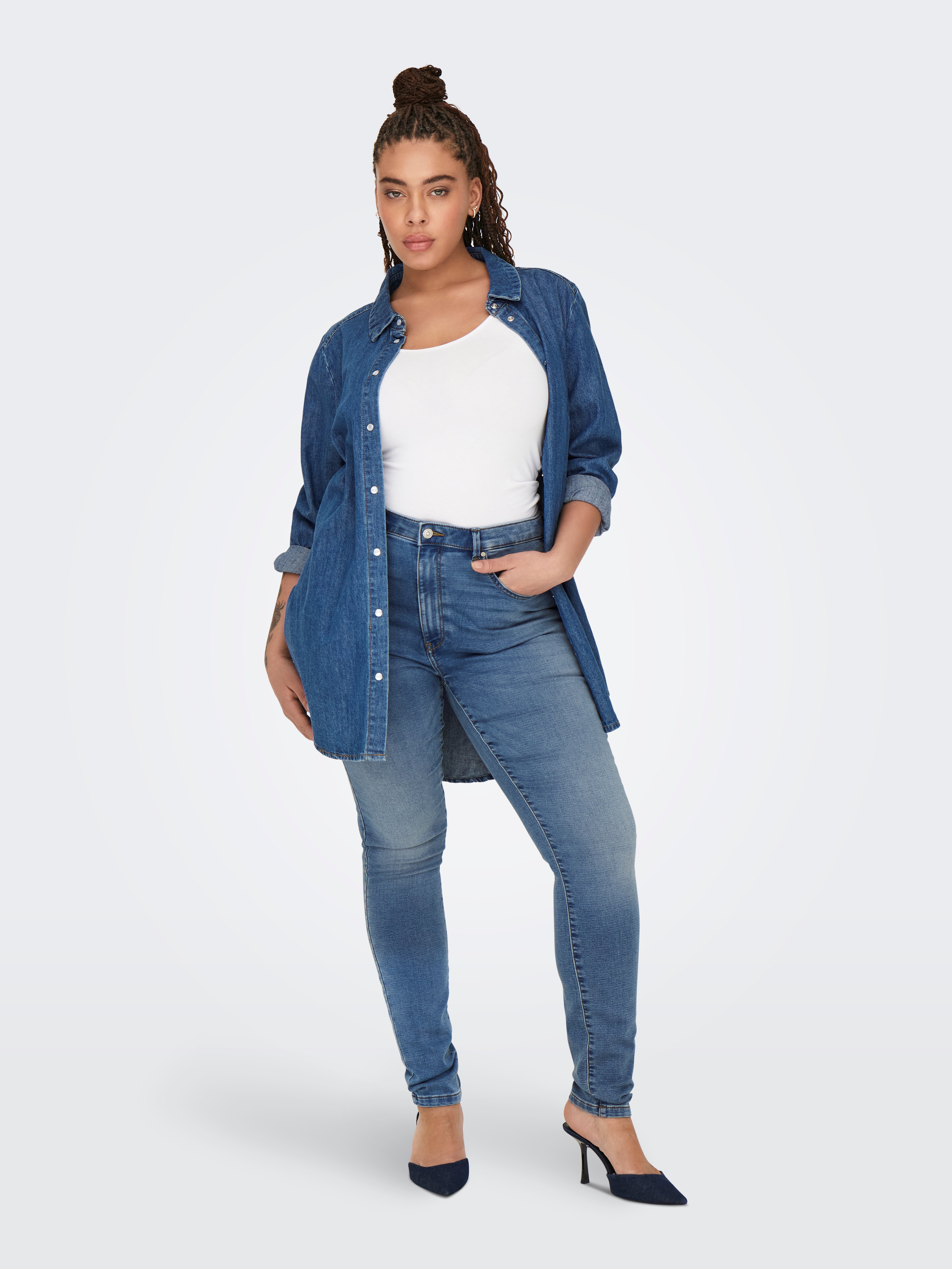 CARFOREVER Hohe Taille Skinny Fit Jeans Medium Blue Denim