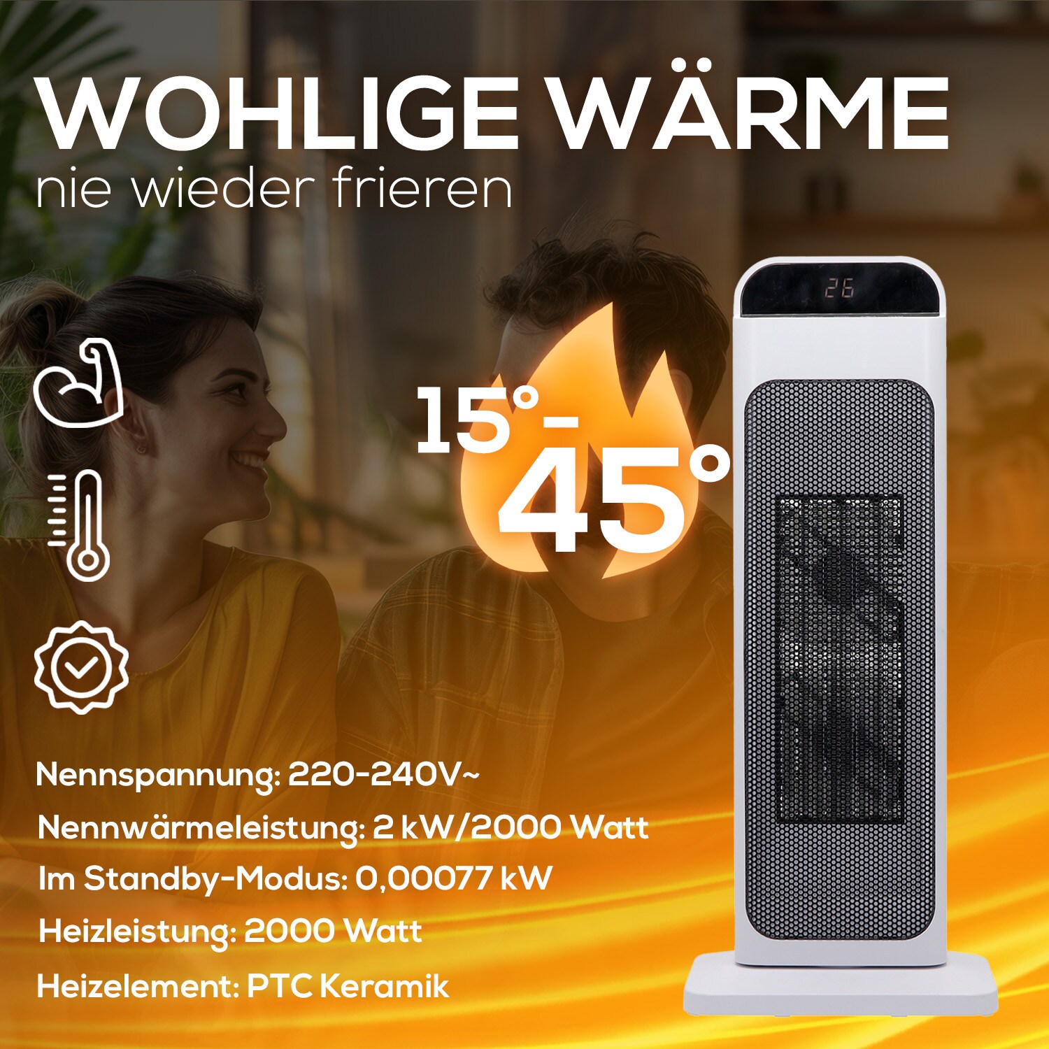 TroniTechnik® Turm-Keramik-Heizer 2000 Watt WIFI / APP, Heizlüfter, Fernbedienung, Oszillation, Timer, Kippsicherung, LCD