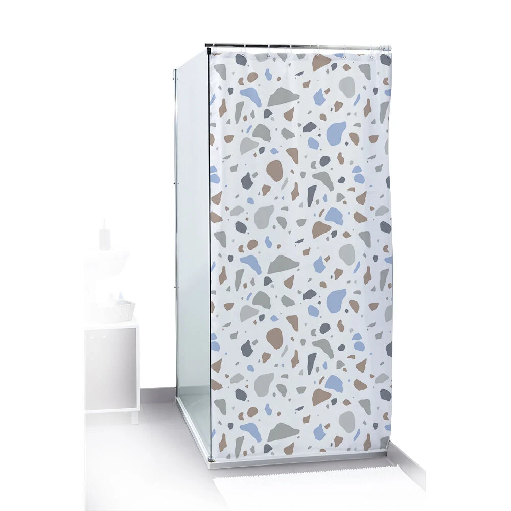 Rideau de douche motif mosaïque style terrazzo blanc et bleu 180x200cm