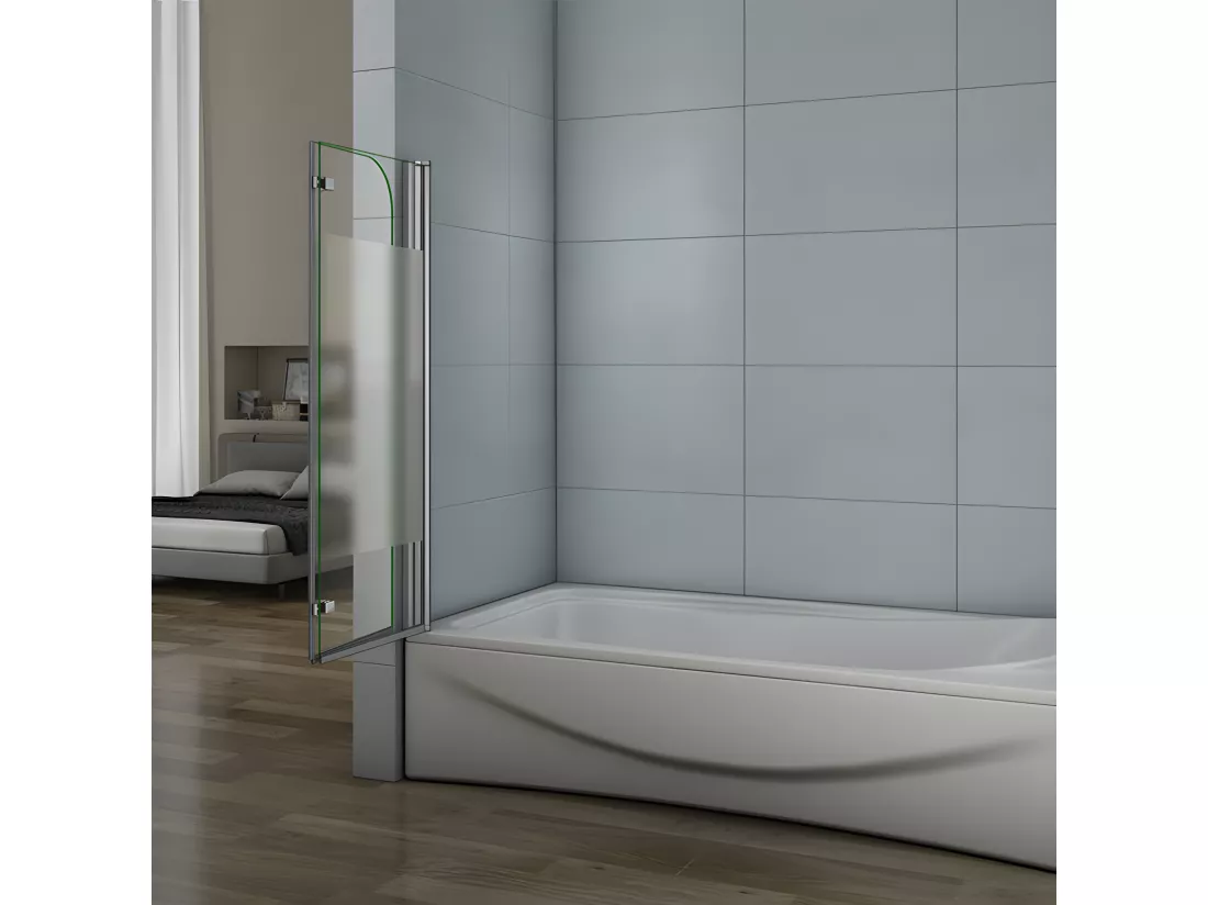 Pare-baignoire 120x140cm pivotant et pliant, paroi de baignoire installé à gauche en verre anticalcaire et sablé au centre