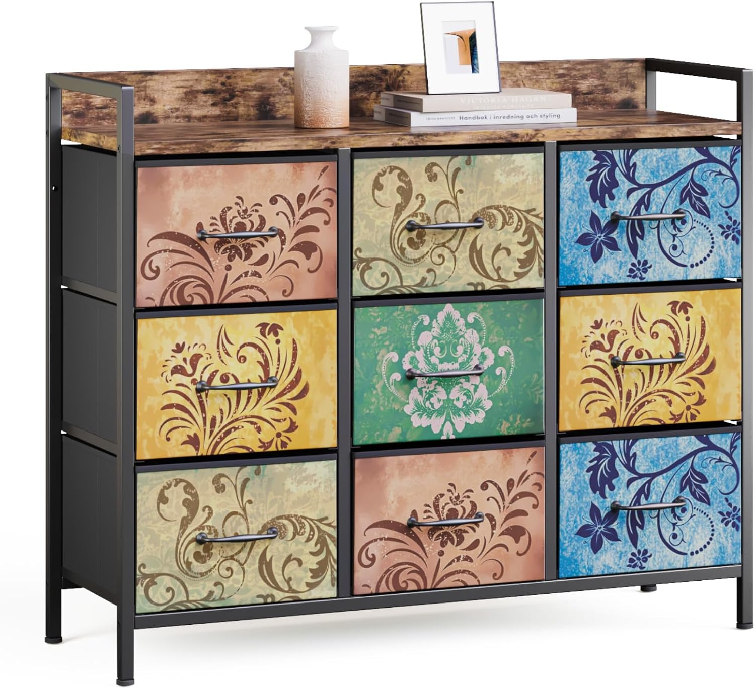 Mondeer Kommode mit 9 Schubladen, Schubladenschrank aus Vintage-Blumenmotiv Stoff Metallrahmen Rustikales, für Wohnzimmer Schlafzimmer Flur, 30 x 99 x 84 cm,