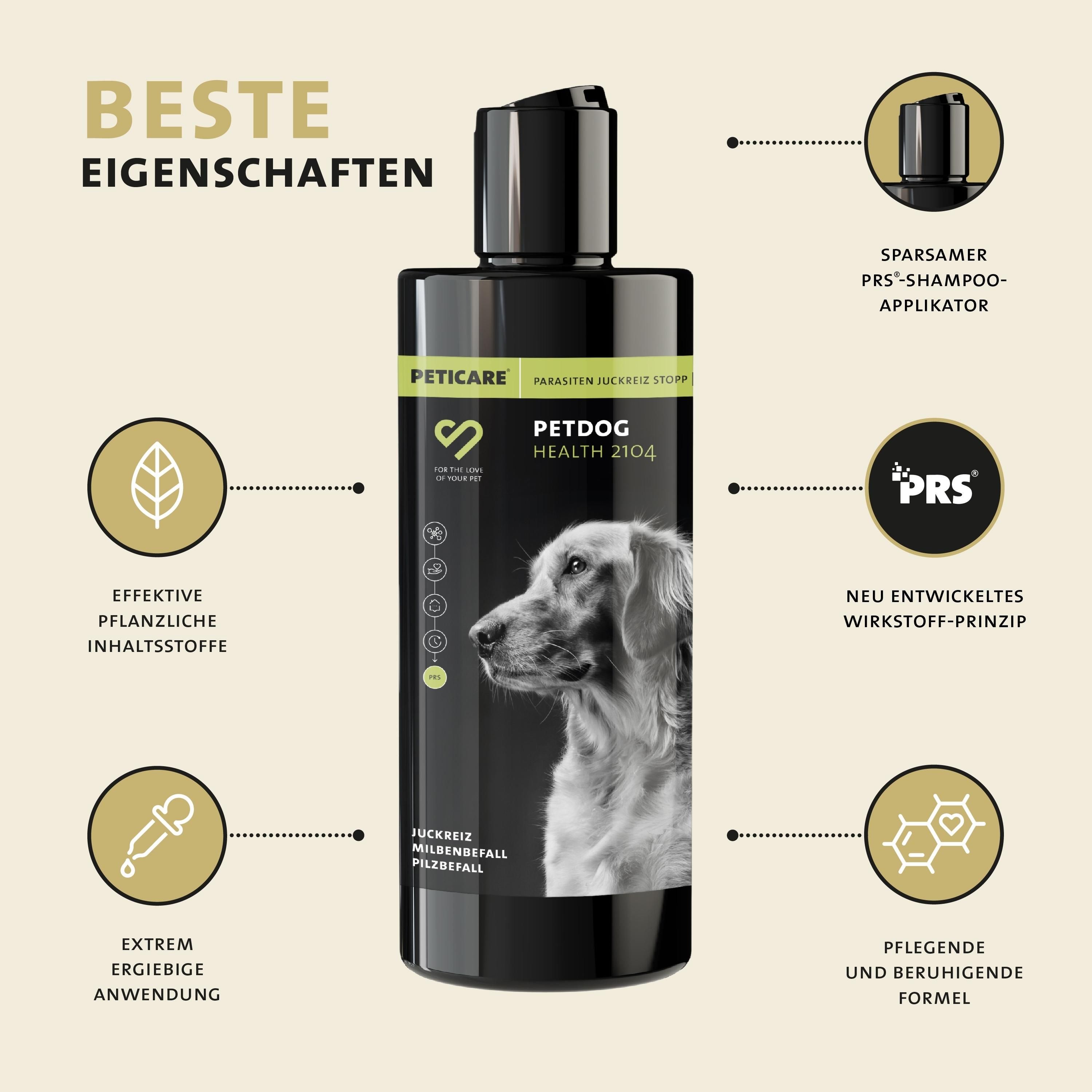 Peticare Anti-Parasiten Hunde-Shampoo gegen Milben Flöhe Pilz, lindert Juckreiz