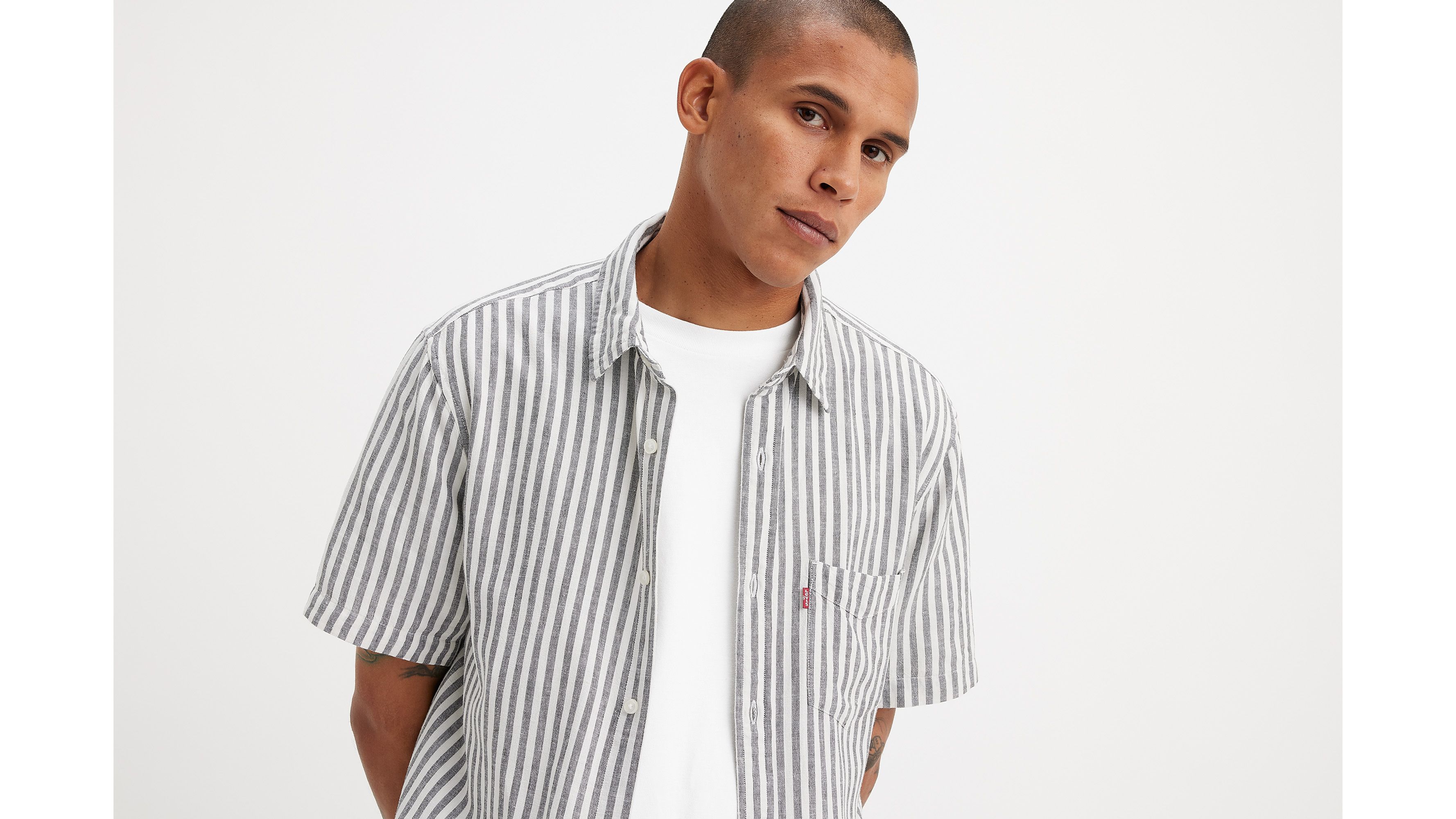 Chemise manches courtes poche Sunset - Dean Stripe Black Oyster - Blanc
