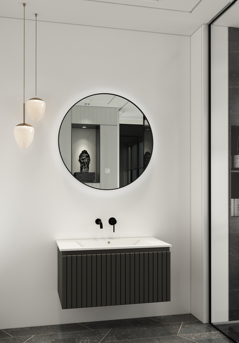 Fontana Lento zwart badmeubel ribbelfront 80cm met witte wastafel zonder kraangat en ronde spiegel