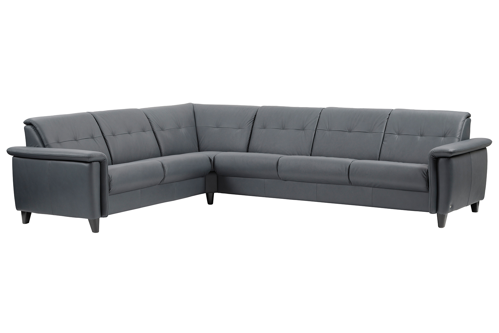 Flora hjørnesofa 2- og 3-seter. I hud Paloma Shadow Blue med 11 cm sorte treben. Vendbar
