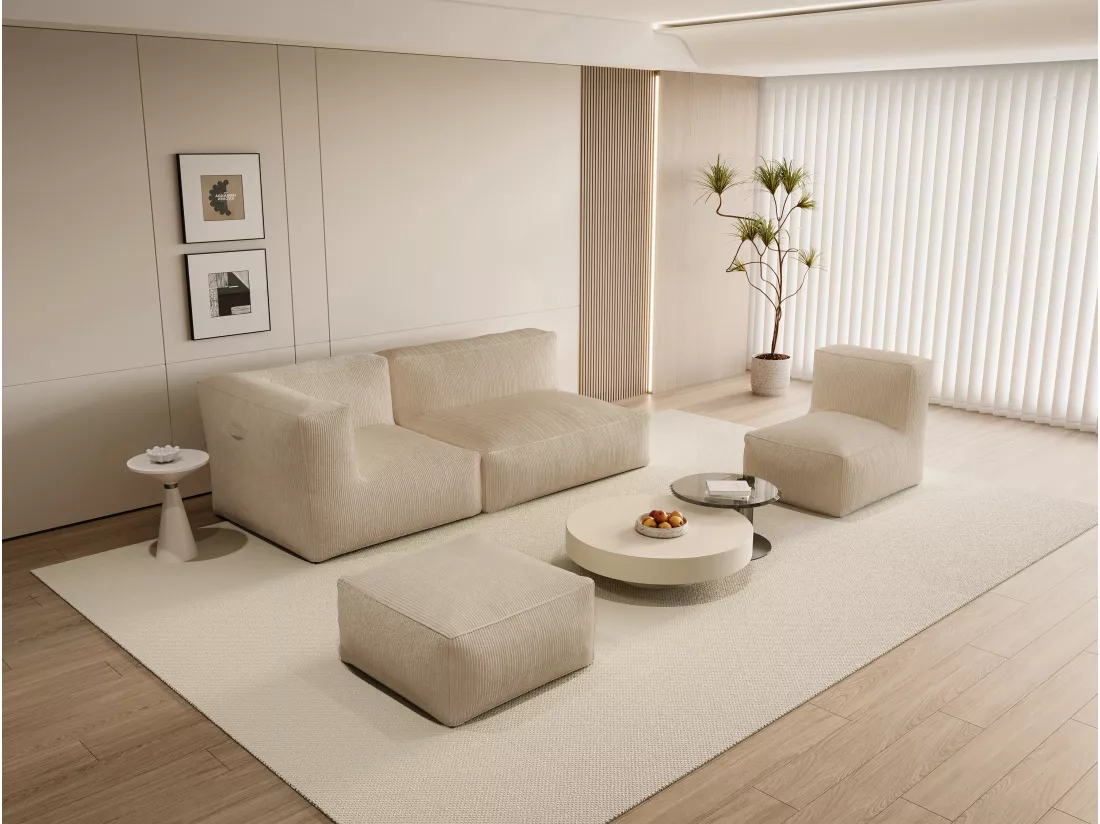 Canapé modulable avec fauteuil et pouf en velours côtelé beige NOUMARA