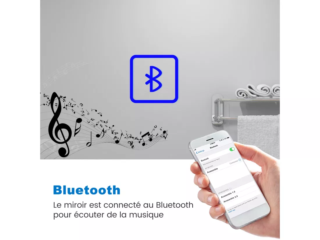 Miroir lumineux avec Bluetooth 140x80cm, Miroir de salle de bain avec anti-buée + 3 Couleurs + Dimmable, Miroir mural IP44 rectangulaire