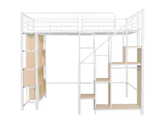 Lit mezzanine polyvalent 140 x 200 cm, lit en métal avec espace de rangement, étagères et escalier,blanc