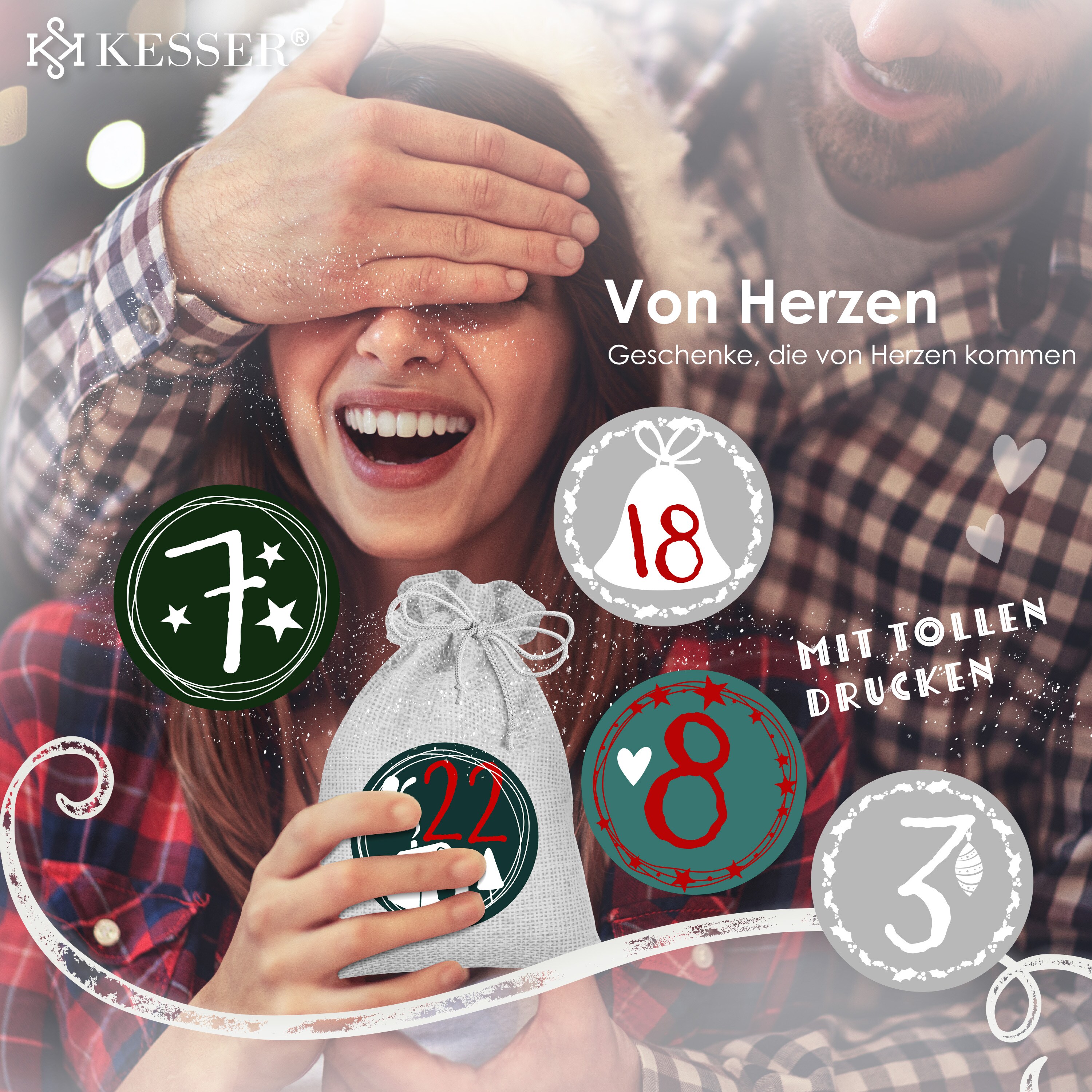 KESSER® Adventskalender zum Befüllen 24 Jutebeutel Gedruckte Stoffbeutel Kinder Weihnachtskalender zum Selber Befüllen Inkl.. 24x Schildchen + 1 Großer Aufbewahrungsbeutel Stoff