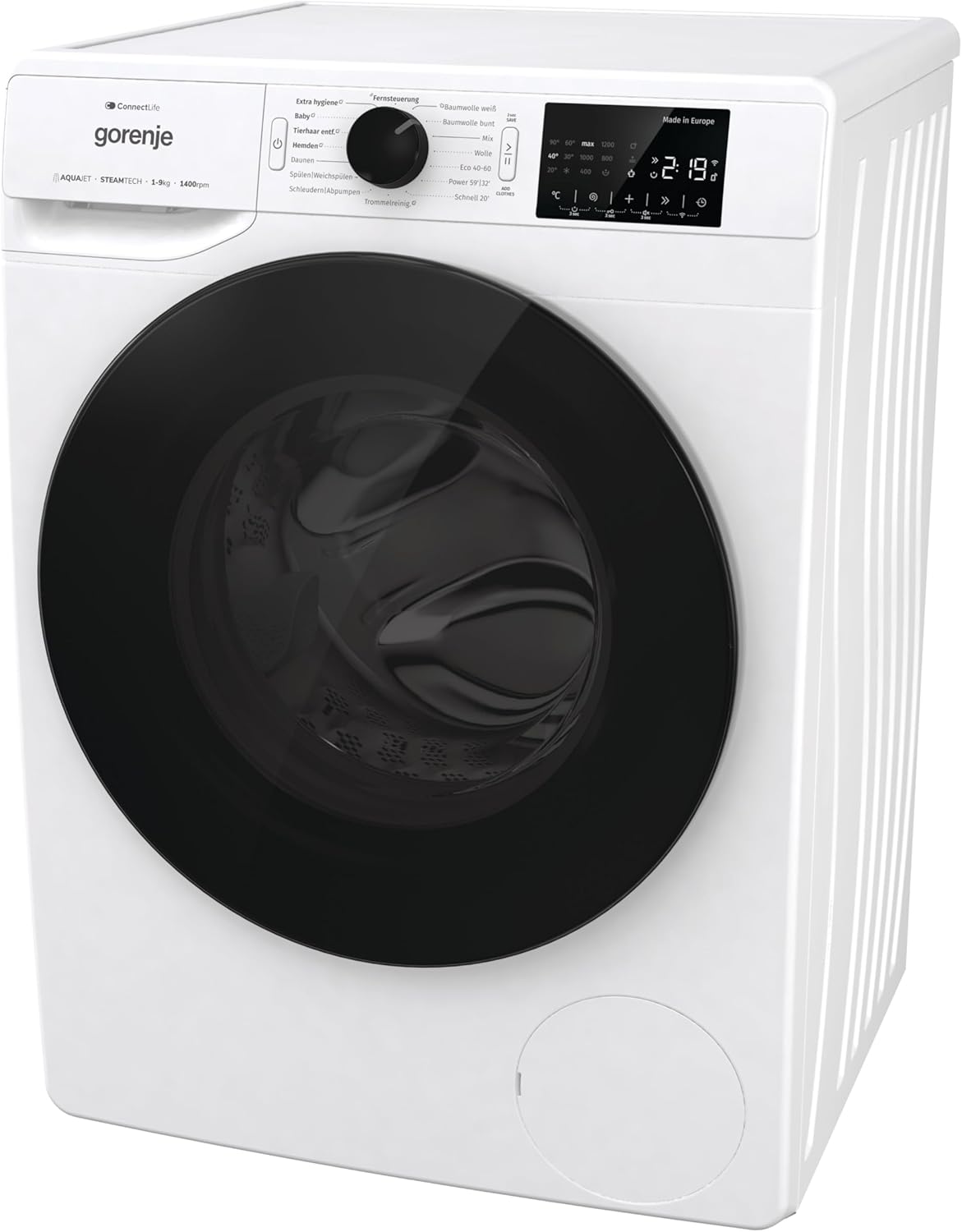Gorenje WPNEI94DA1TS Waschmachine mit Dampffunktion/ConnectLife / 9Kg / 1400 U/min / 15 Programme/Totaler AquaStop/WaveActive Trommel/ExtraHygiene/PowerWash/Schnell Waschgang/EEK: A-10%