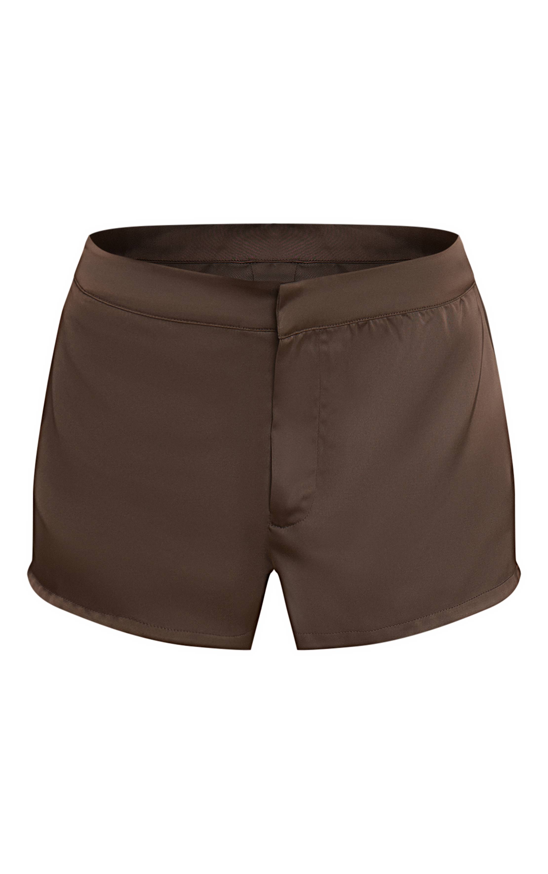 Marron Foncé Short Taille Basse En Satin