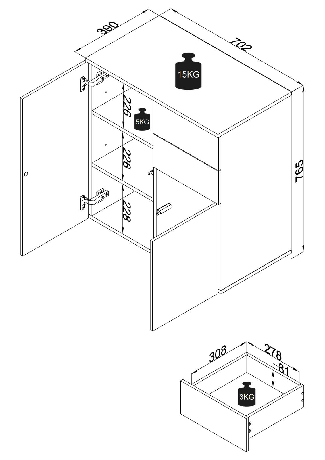 Kommode DALOSA - anthrazit - 2 Schubladen und 4 Fächer - 70 cm