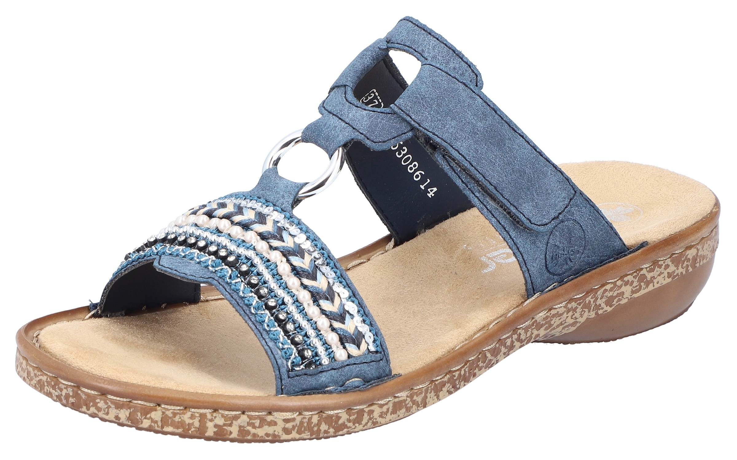 Rieker Pantolette  , Keilabsatz, Sommerschuh, Schlappen mit Pailetten- und Perlenbesatz
