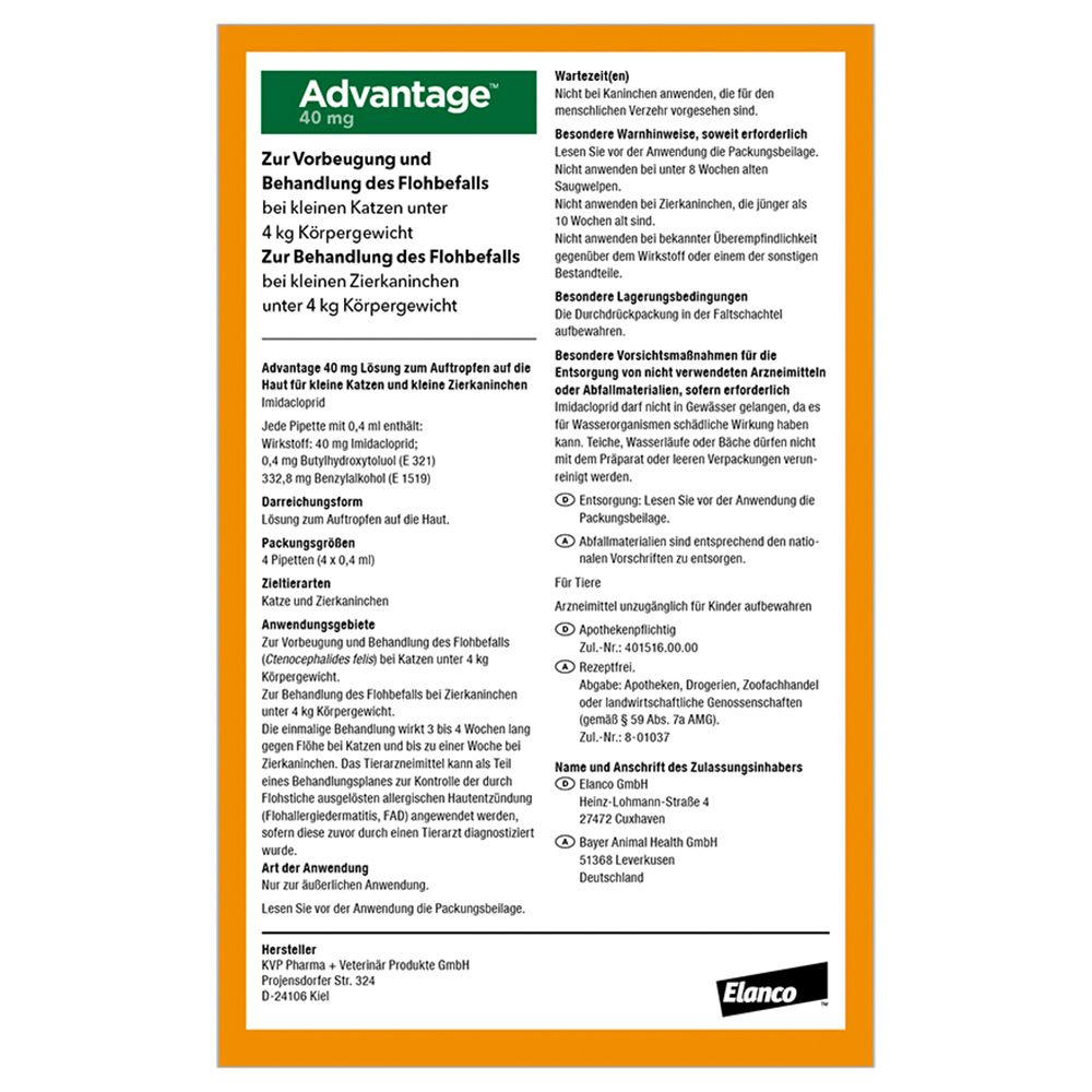 Advantage® 40 mg für Katzen und Zierkaninchen bis 4 kg Körpergewicht