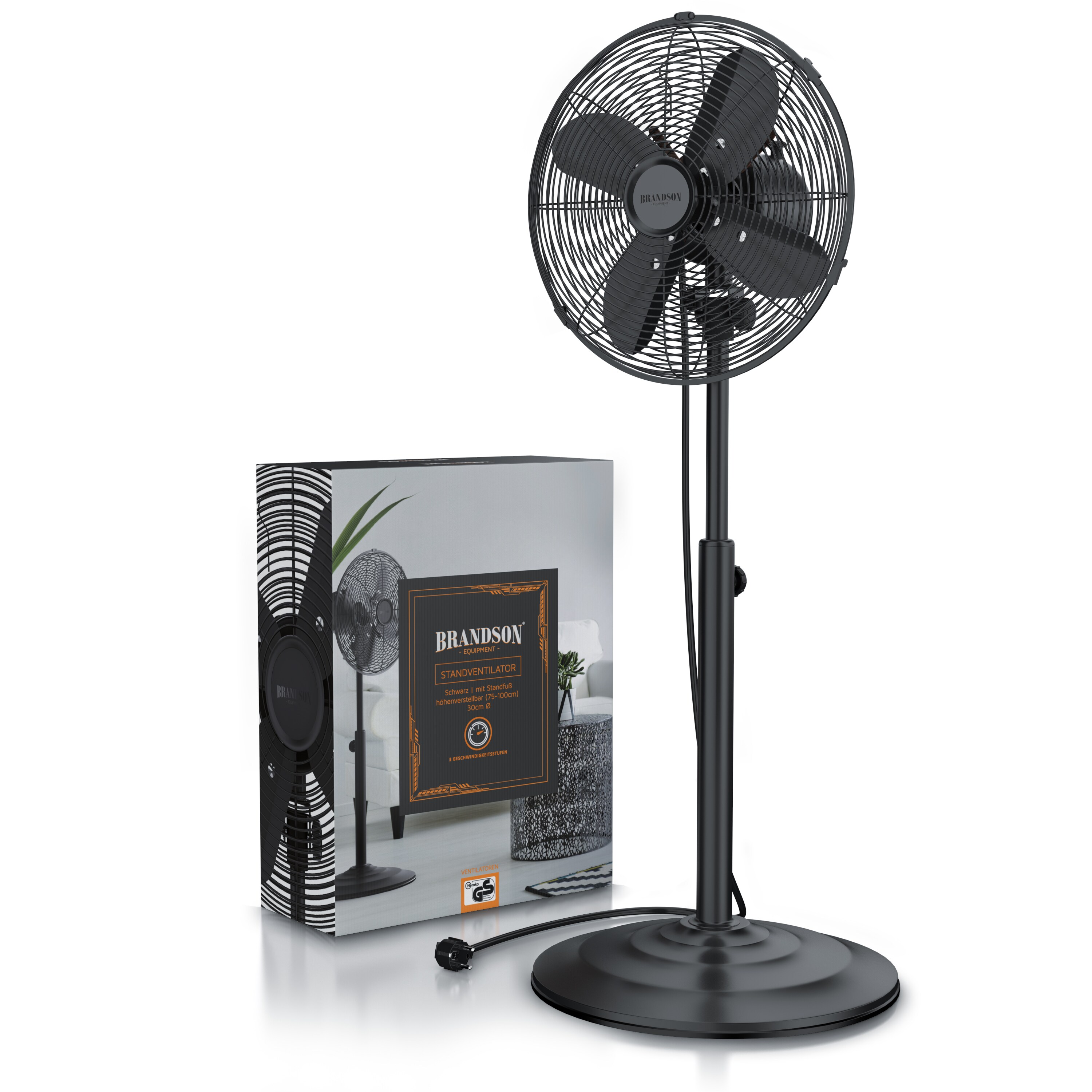 Brandson Standventilator 30 cm, 80° oszillierend, mobiler Lüfter, Standfuß höhenverstellbar, 3 Leistungsstufen, GS, Neigungswinkel 30° (verstellbar)