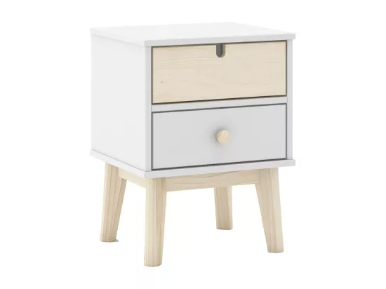 KAINA - Pack Lit 90x190cm + Chevet 2 Tiroirs + Commode 4T Coloris Blanc et Naturel