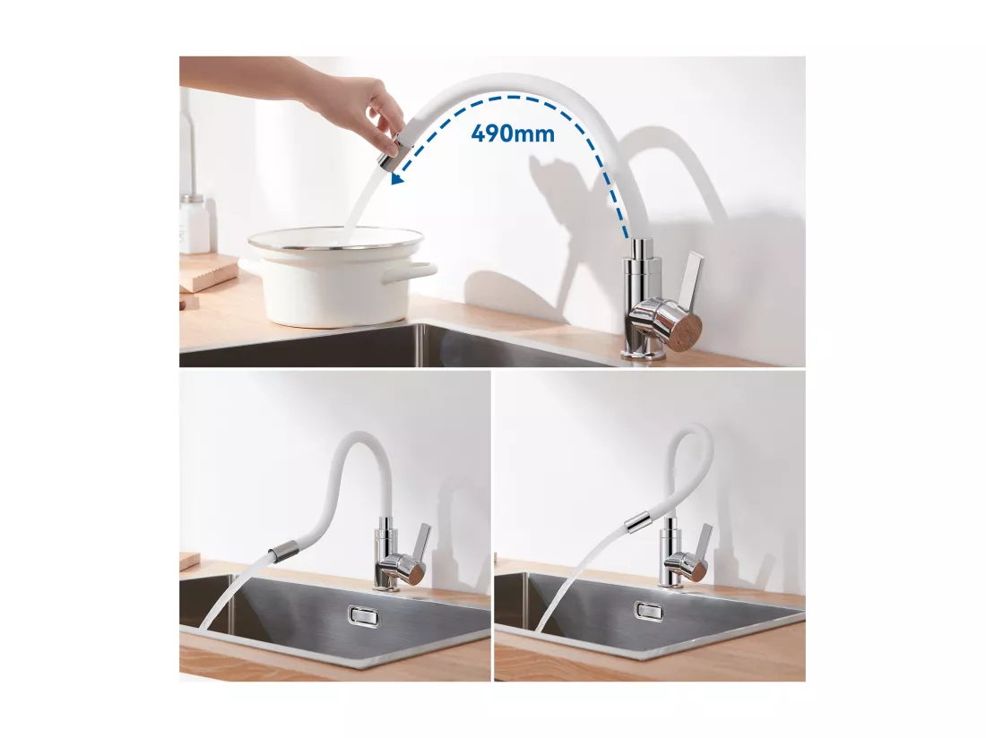 Mitigeur Cuisine Flexible AURALUM MAX Blanc, Robinet de Cuisine ,Pivotant 360°,Mitigeur d'évier avec Tuyau en Silicone Flexible,Eau Chaude et Froide