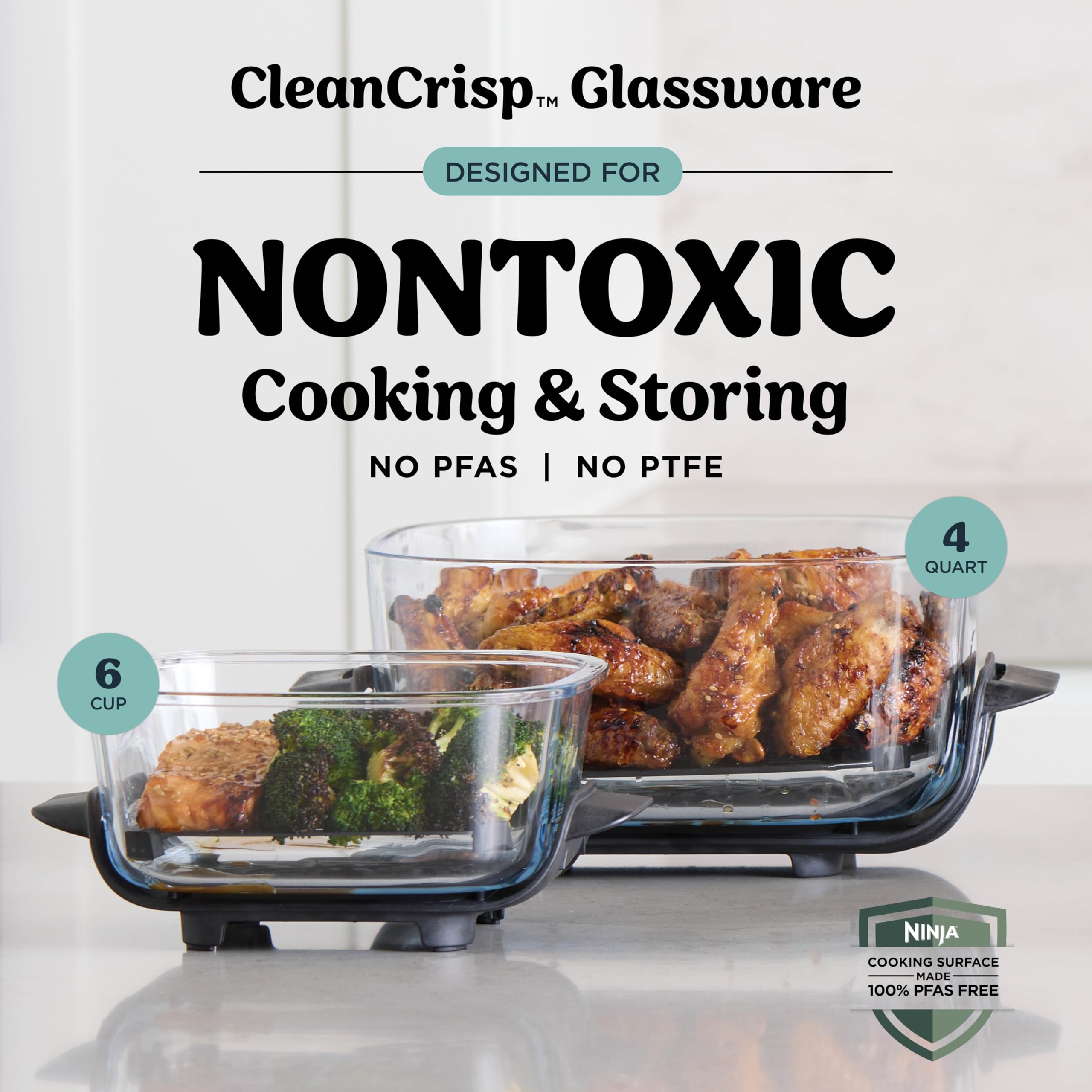 Ninja Crispi 4-in-1 Portable Glass Air Fryer Cooking System, 1500W, 4QT & 6-Cup TempWare Glass Containers with Storage Lids, Microwave, Freezer & Dish