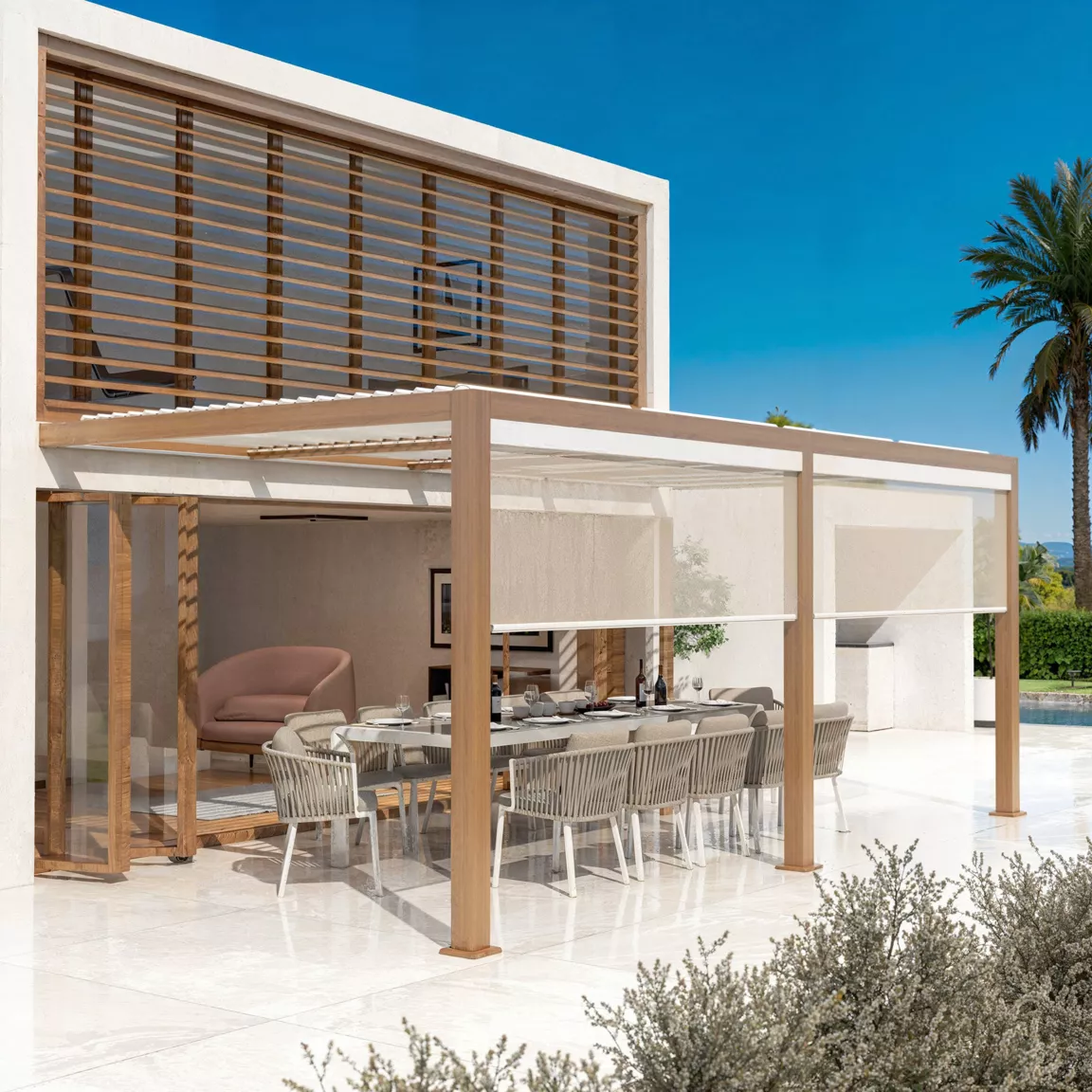Pergola bioclimatique Adossée motorisée aluminium et LED (3 x 6 m) Bois