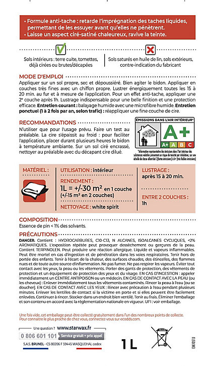 Cire tomettes et terres cuites incolore Starwax 1L