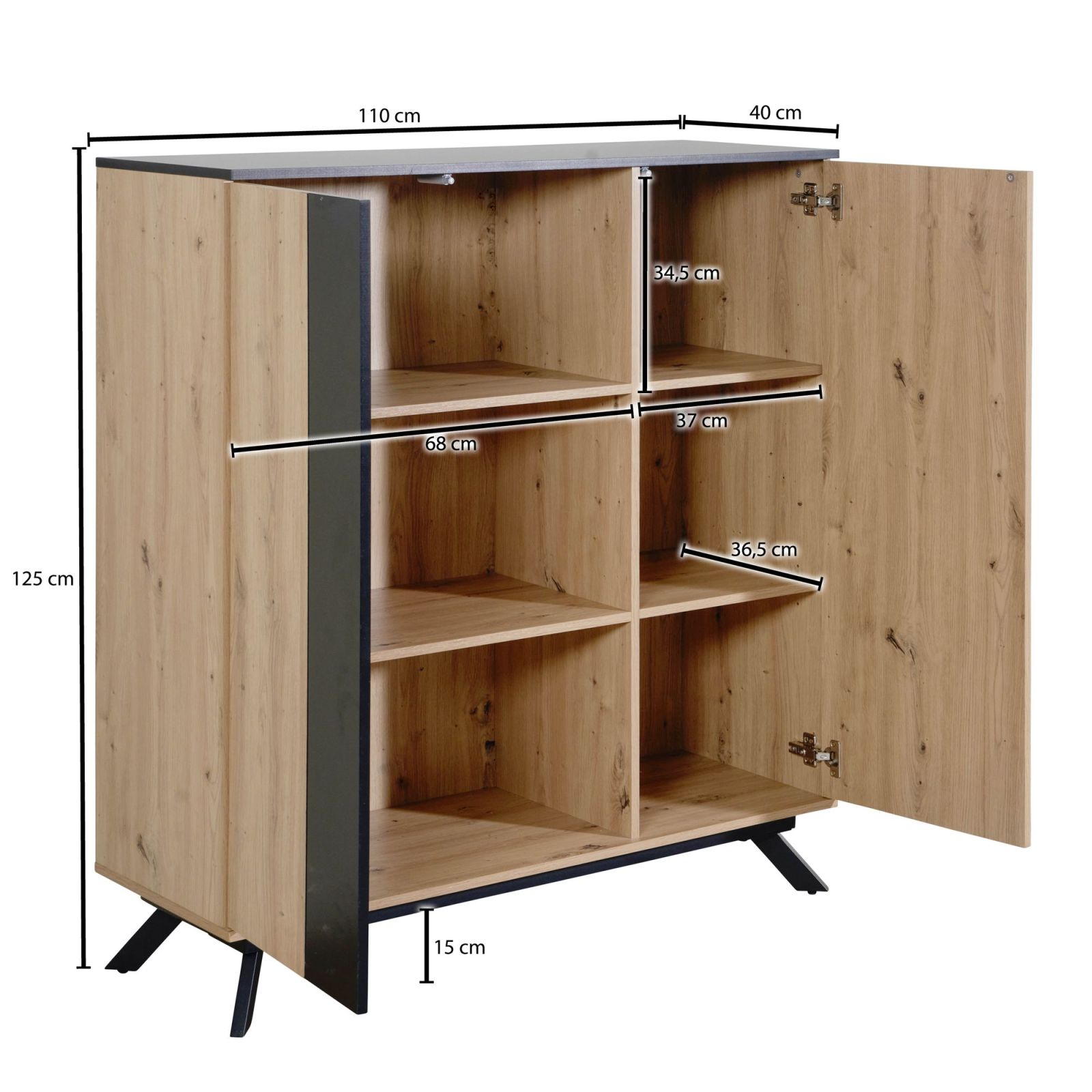 Highboard - Eiche-schwarz - 2 Türen - 110 cm breit