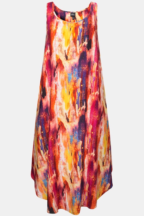 Kleid, farbenfroher Druck, A-Linie, Rundhals, ärmellos