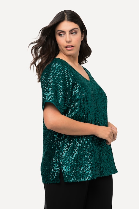 Pailletten-Shirt, Oversized, V-Ausschnitt, Halbarm