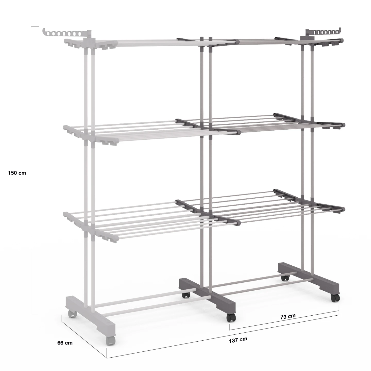 Séchoir à linge vertical pliable et extensible 3 niveaux MAXI capacité 40M inox et gris