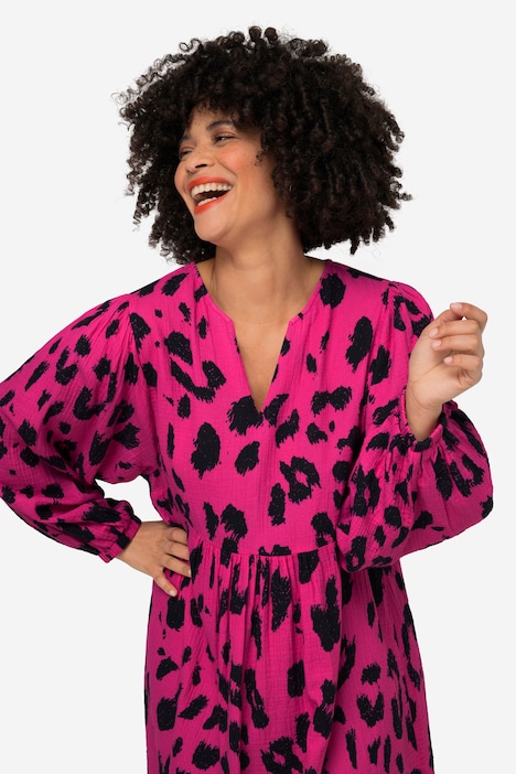 Musselin-Kleid, Leodruck, Tunika-Ausschnitt, weite Ballonärmel