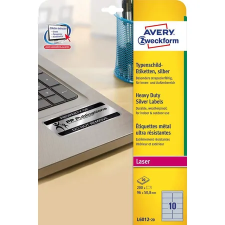Avery Zweckform L6012-20 Typenschild-Etiketten, 96 x 50,8 mm, 20 Bogen/200 Etiketten, silber