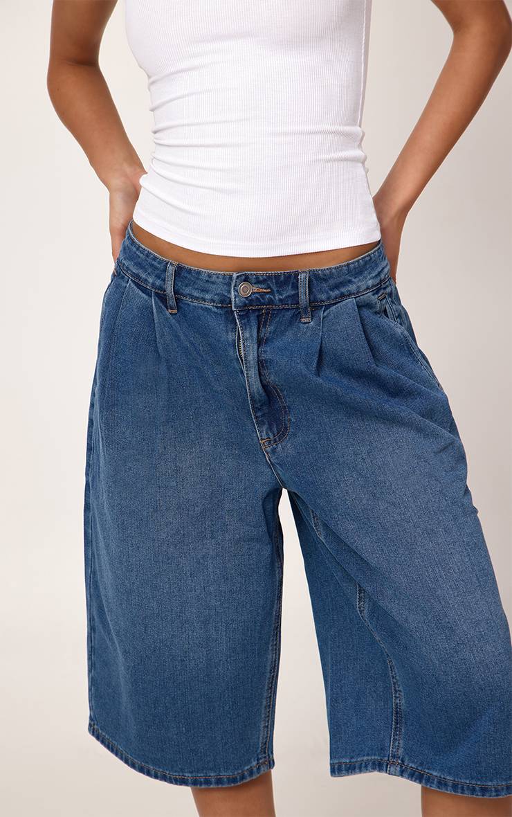 Mid Blue Wash Short En Jean Avec Détail Plissé