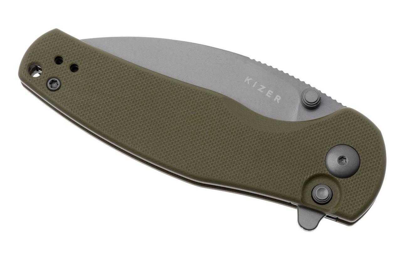 Kizer Vanguard Mini Grouper V3669A3 Grey D2, Olive Green G10, zakmes, Azo design