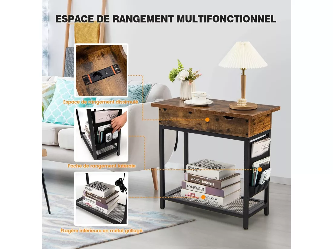 Table d'appoint avec Prise d’alimentation, 60 x 30 x 58,5 cm Marron rustique et Noir