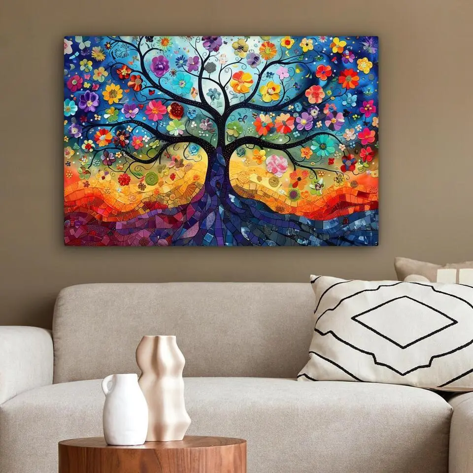 MuchoWow Canvas Schilderij 90x60cm Kunst Levensboom Bloemen